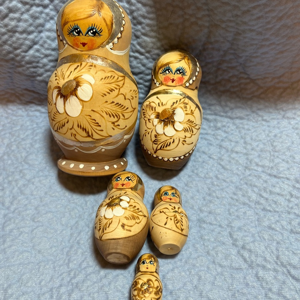 Vintage Matryoshka Nesting dolls, Brown and Cream Decor Accents, Floral Design